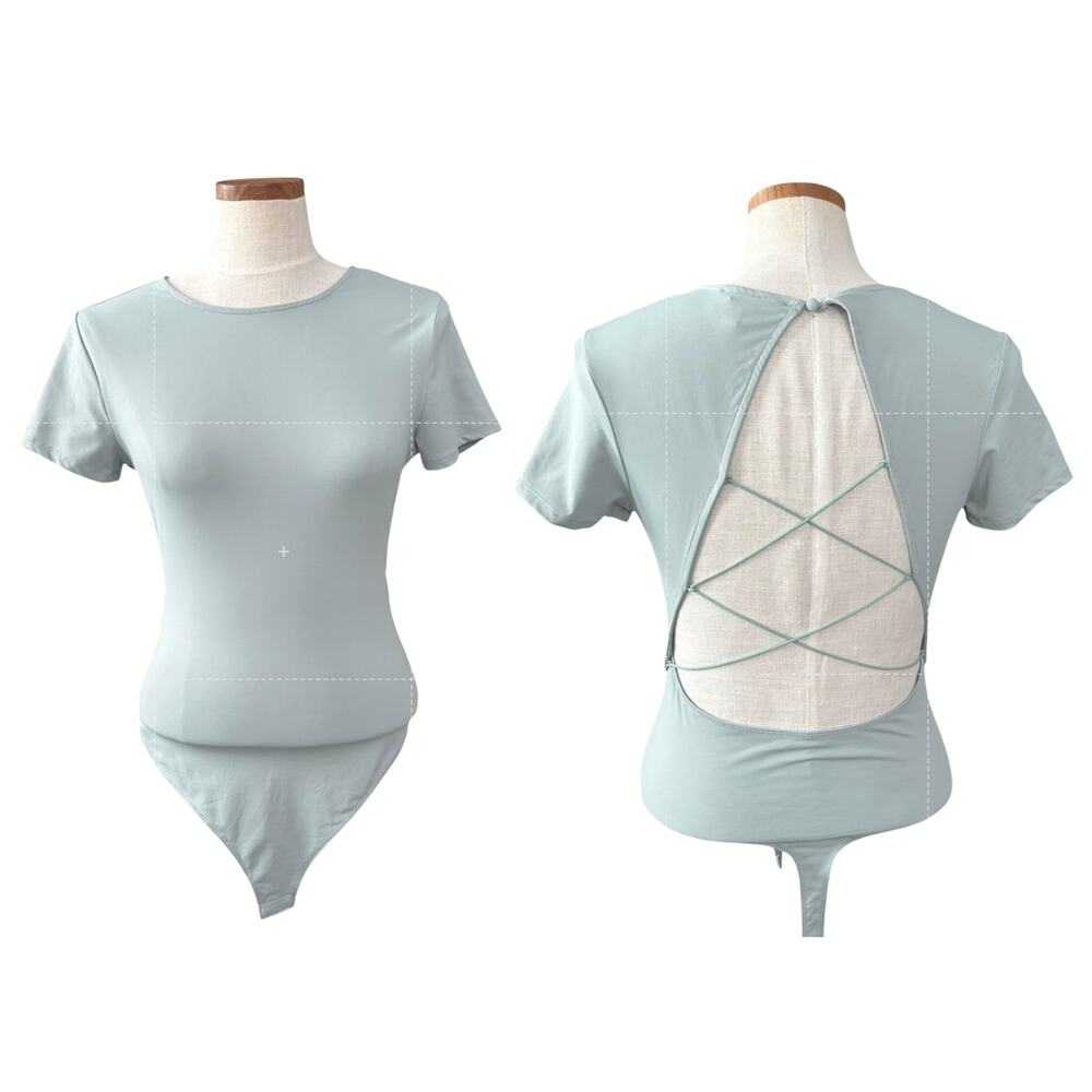 Le Lis Open Back Criss Cross Lace Up Bodysuit Thong Snap Sage Mint Large